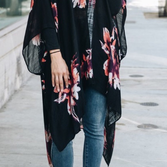 Black Floral Kimono Boho Wrap Scarf - Picture 4 of 4